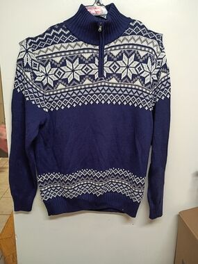 Magaschoni Navy and White Fair Isle Zip Mock Neck Sweater